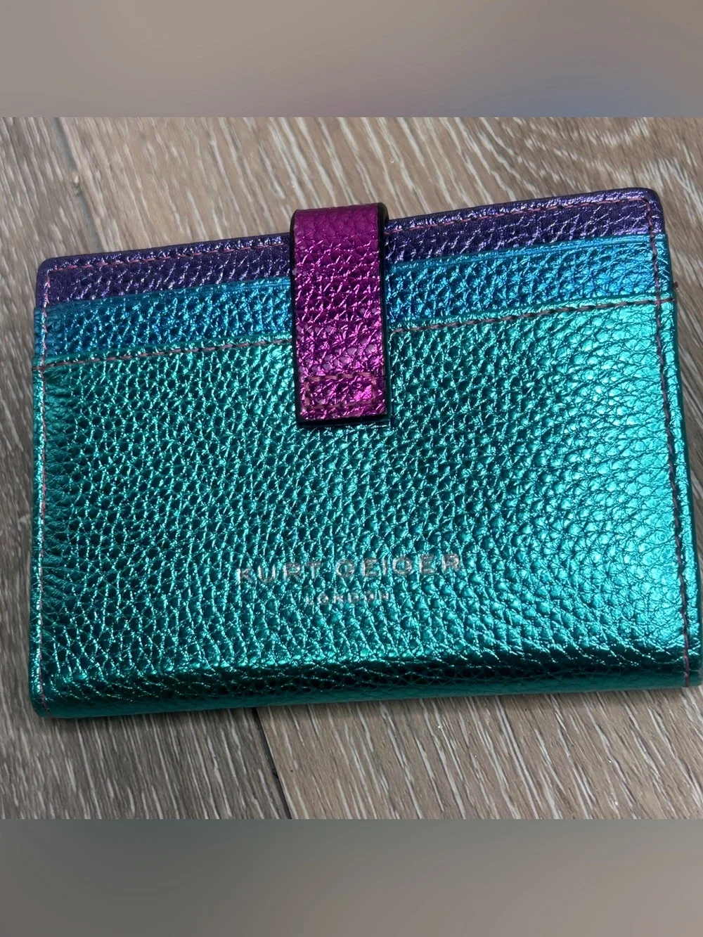 Kurt Geiger Metallic Rainbow Leather Pouch & Wallet Set - Teal, Purple, Gold